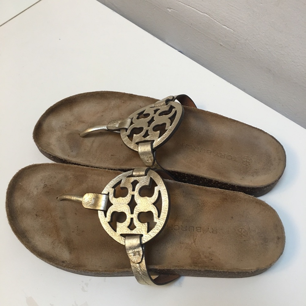 Tory Burch miller cloud leather thong sandals metallic gold size 9.5